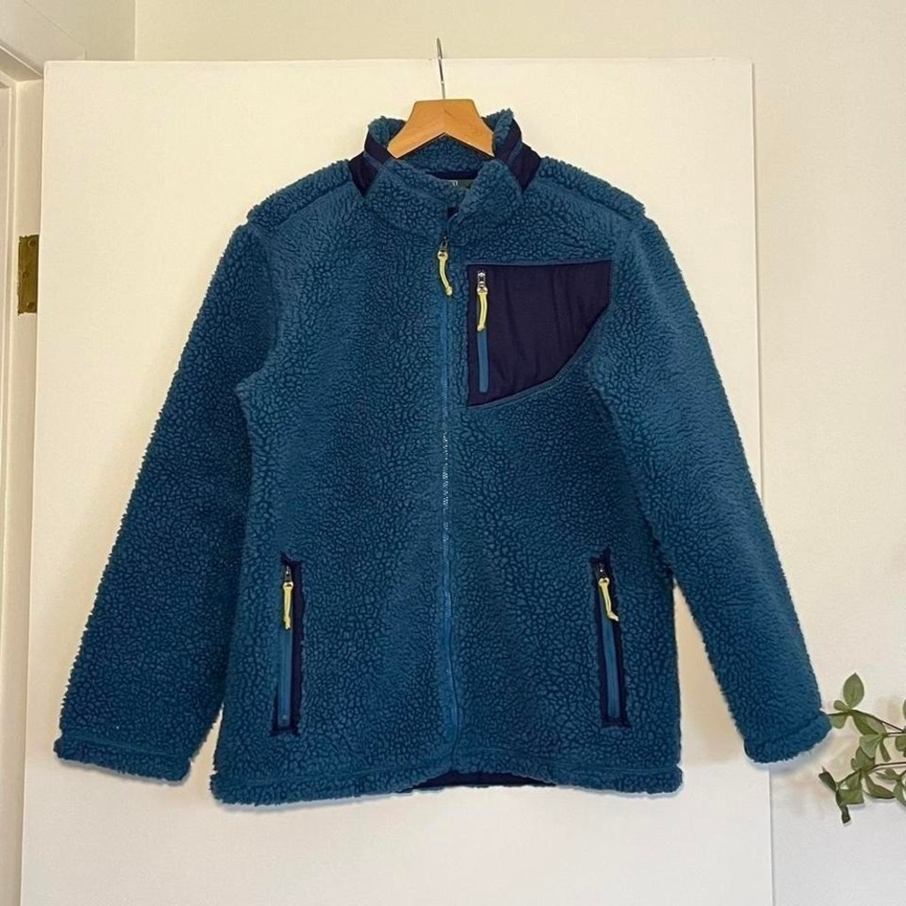 LL Bean Blue‎ Sherpa Fleece Jacket L 14–16 Warm Retro Outdoor Zip-Up Gorpcore